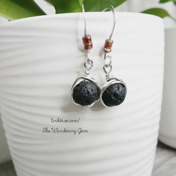 Lava Rock Beaded Dangle Earrings, Hammered Earrings, 1.5" - Picture 6 of 6
